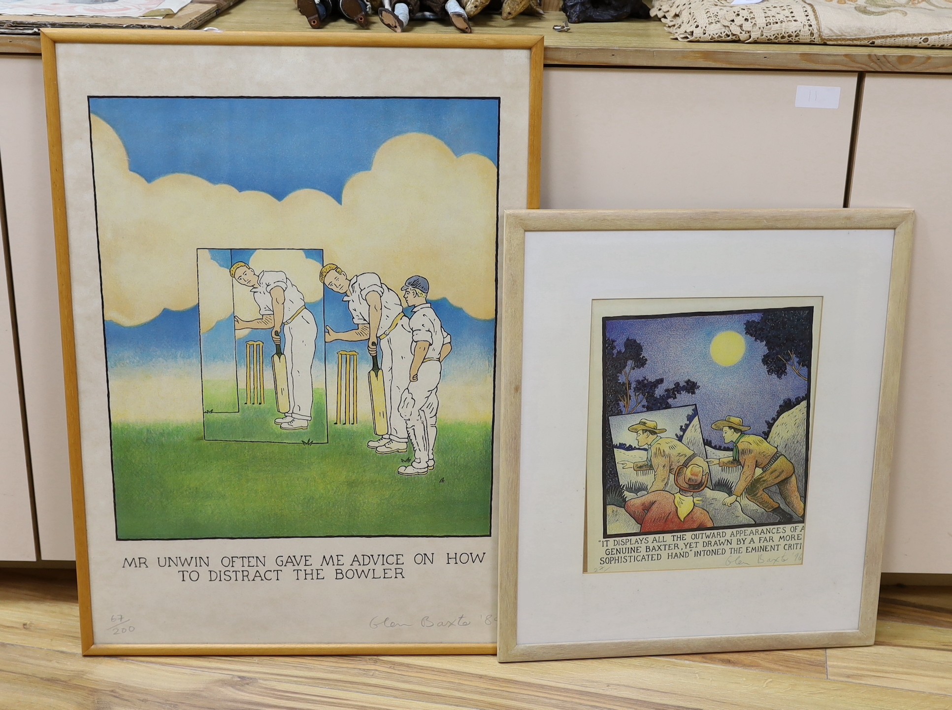 Glen Baxter (b.1944), two limited edition prints, 'Mr Unwin often gave me advice on how to distract the bowler', 67/200, and 'It displays all the outward appearances of a genuine Baxter ...', signed and dated '84/96, 73